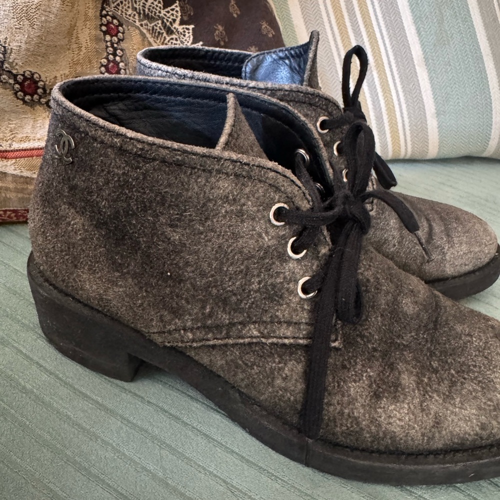CHANEL Charcoal Lace-Up Ankle Booties
